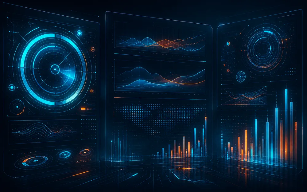 Painel de BI e visualizações de dados em estilo HUD