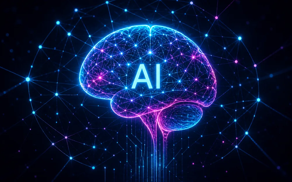 Cérebro digital com tipografia AI — inteligência artificial generativa
