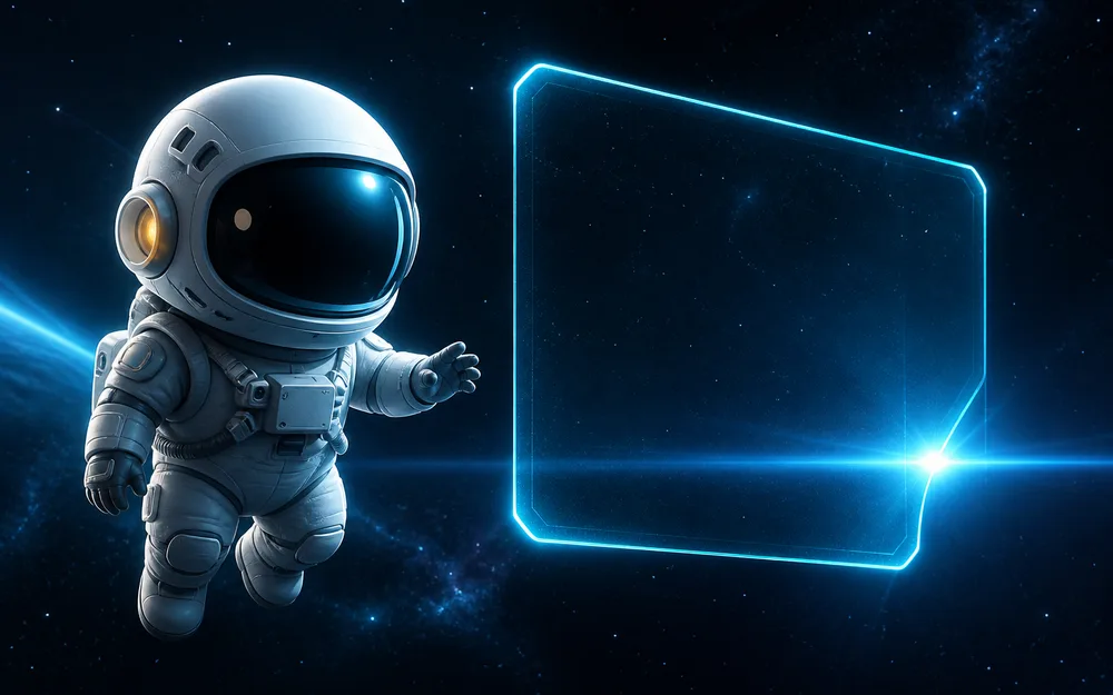 Astronauta observando um painel holográfico — metáfora de experiência digital
